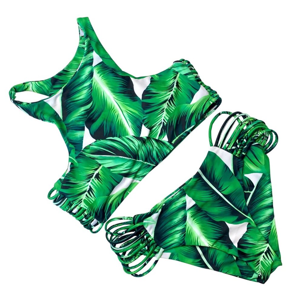 Cupshe Green Tropical Palm Leaf Print High Neck Tank Cheeky Bikini Swimwear Sz L
